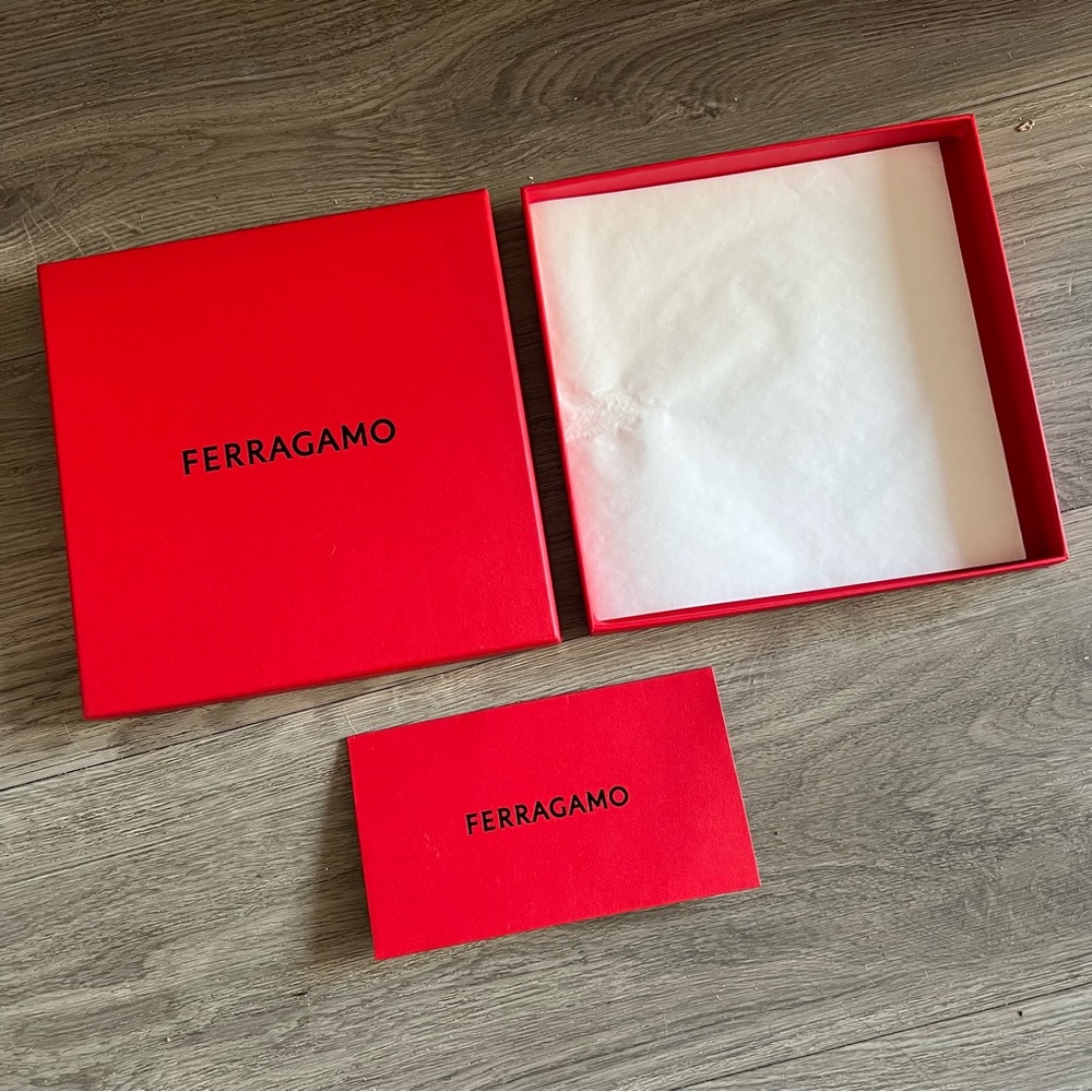 FERRAGAMO Red Goods Box w/ Original Tissue & Receipt Envelope 7.75x7.75x1.80”